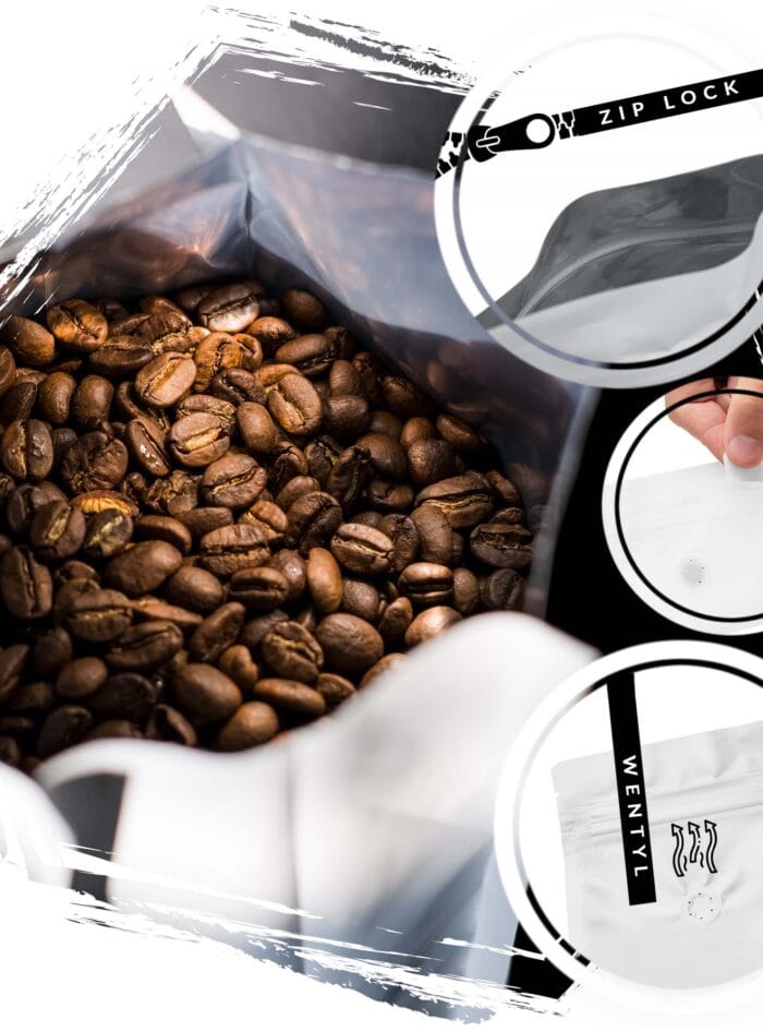 Kawa cafeiere nowoczesne opakowanie z wentylem i zamknięciem ZIP lock